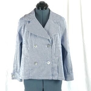 LAL Live a Little blue sear sucker cropped double breasted blazer L 905